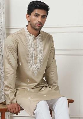 Beige Embroidered Poly Blend Kurta Set For Men