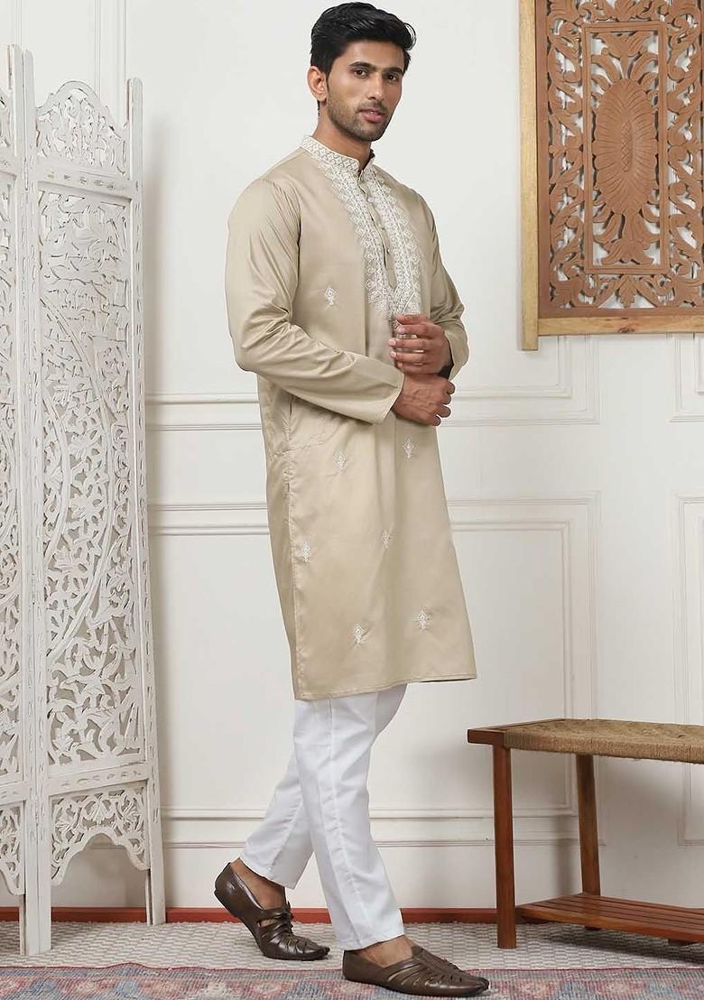 Beige Embroidered Poly Blend Kurta Set For Men