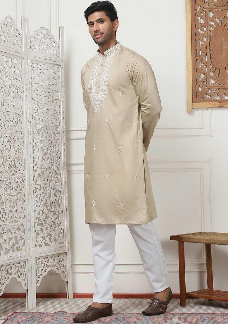 Beige Embroidered Poly Blend Kurta Set For Men