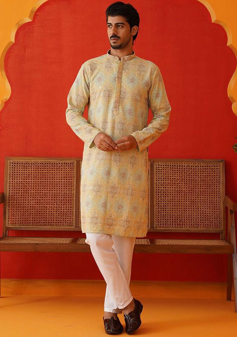 Green Embroidered Poly Blend Kurta Set For Men