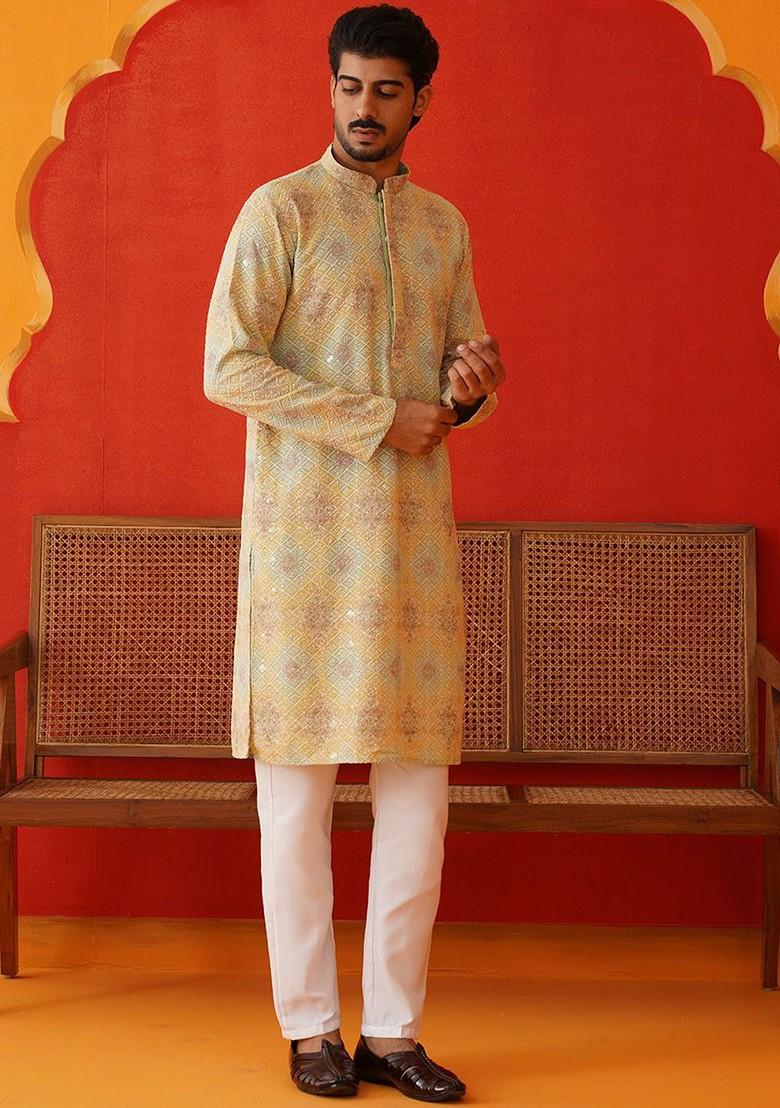 Green Embroidered Poly Blend Kurta Set For Men