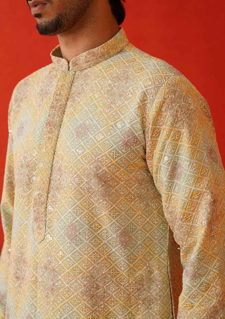 Green Embroidered Poly Blend Kurta Set For Men