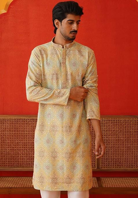 Green Embroidered Poly Blend Kurta Set For Men