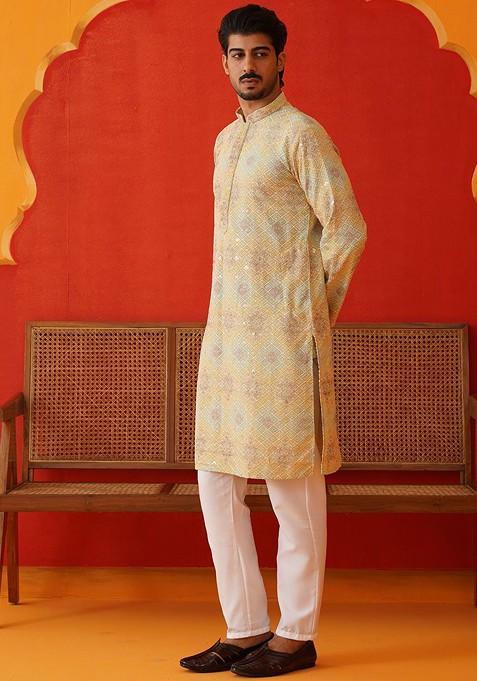 Green Embroidered Poly Blend Kurta Set For Men