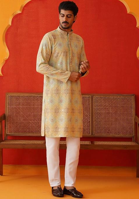 Green Embroidered Poly Blend Kurta Set For Men