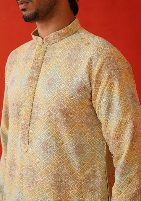 Green Embroidered Poly Blend Kurta Set For Men