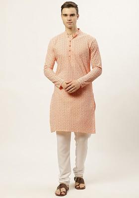 Peach Embroidered Poly Blend Kurta Set For Men
