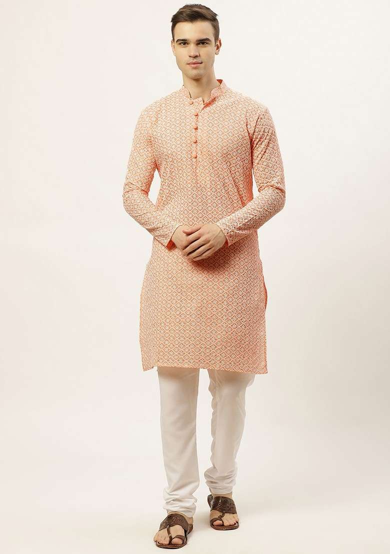 Peach Embroidered Poly Blend Kurta Set For Men - Indya