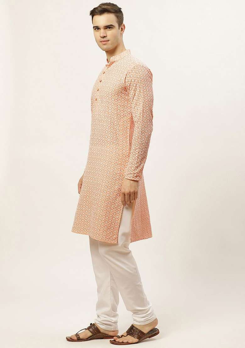 Peach Embroidered Poly Blend Kurta Set For Men - Indya