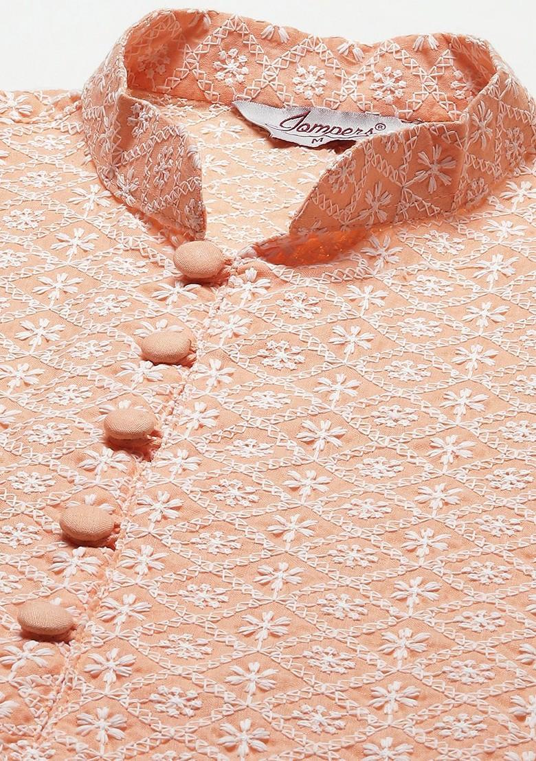 Peach Embroidered Poly Blend Kurta Set For Men
