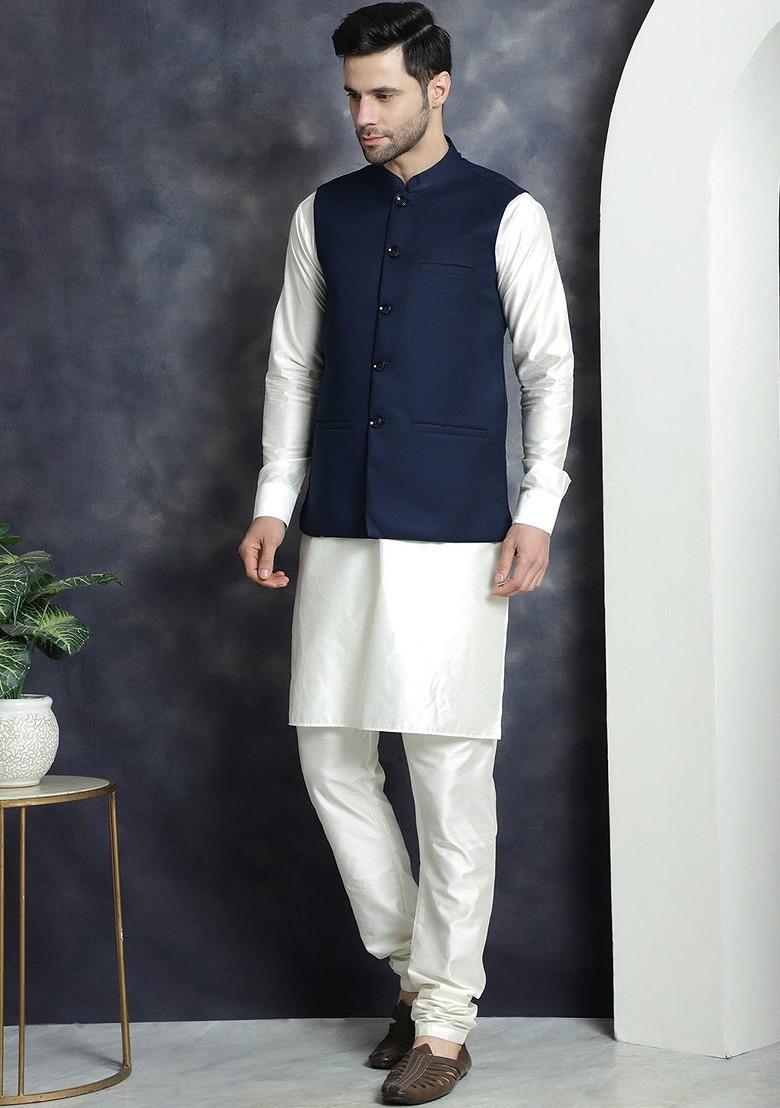 Navy Blue Embroidered Poly Blend Kurta Set For Men