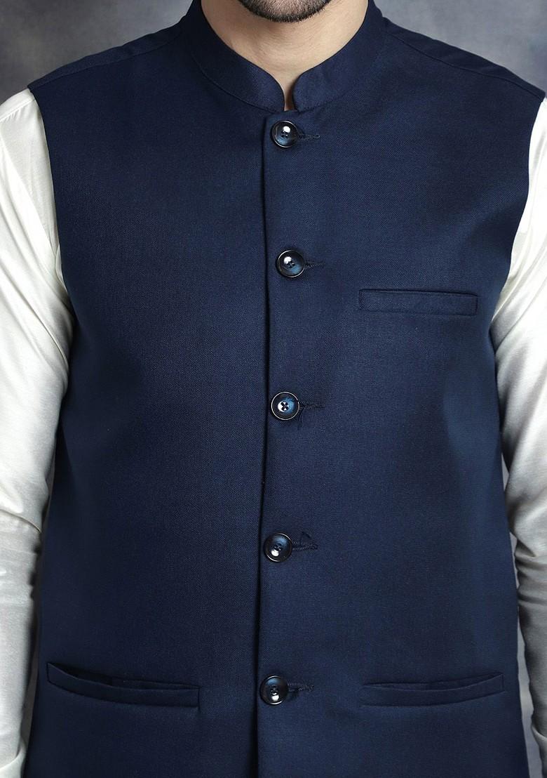 Navy Blue Embroidered Poly Blend Kurta Set For Men
