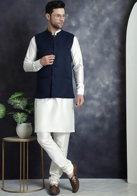 Navy Blue Embroidered Poly Blend Kurta Set For Men