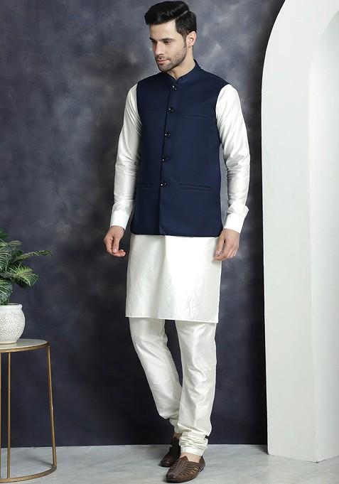 Navy Blue Embroidered Poly Blend Kurta Set For Men