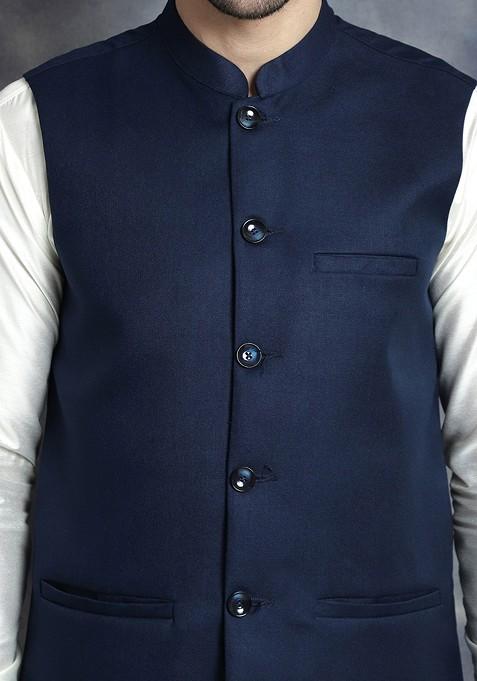 Navy Blue Embroidered Poly Blend Kurta Set For Men