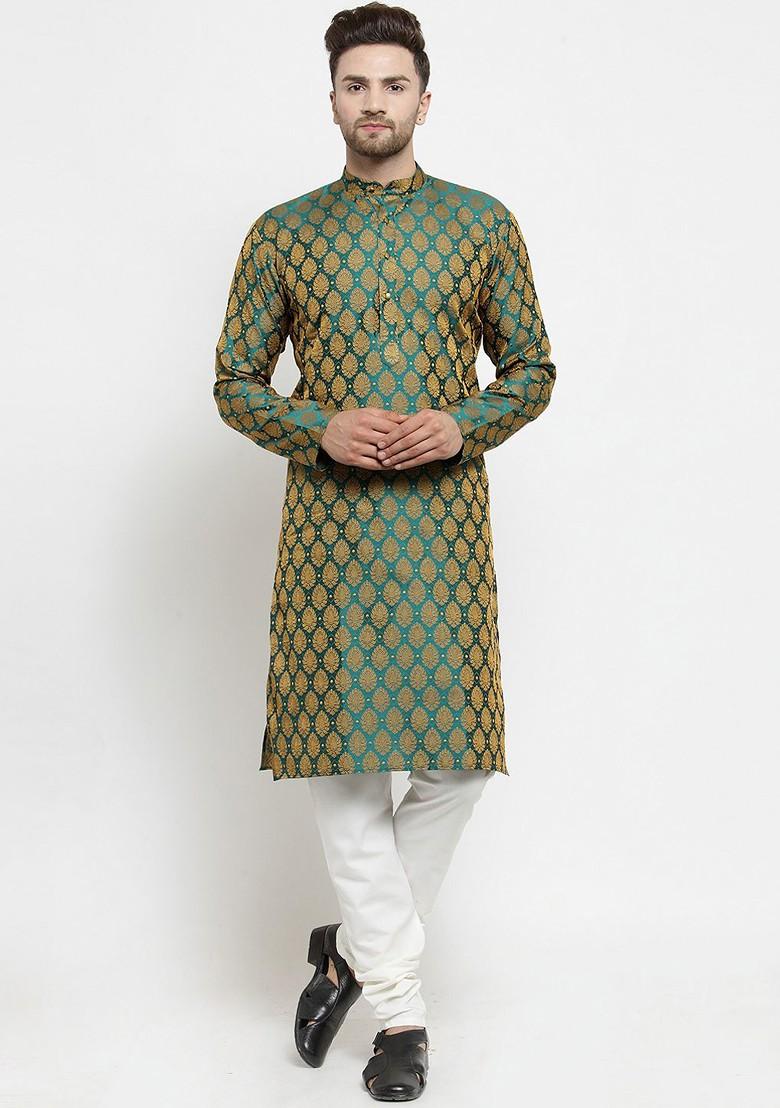 Green Woven Design Poly Blend Kurta Set For Men