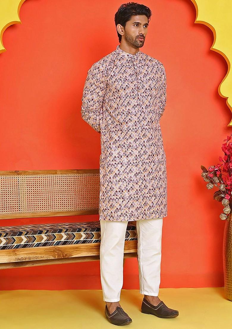 Purple Embroidered Poly Blend Kurta Set For Men