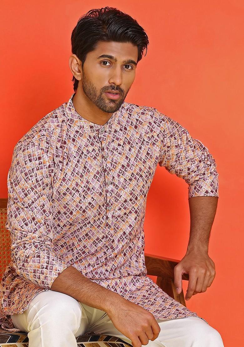 Purple Embroidered Poly Blend Kurta Set For Men