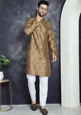 Gold Woven Design Poly Blend Kurta Set For Men