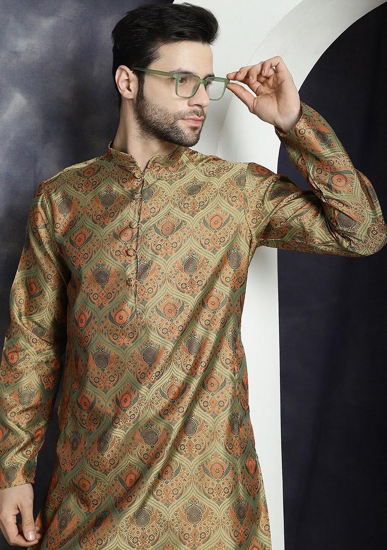 Gold Woven Design Poly Blend Kurta Set For Men