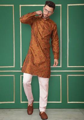 Mustard Yellow Woven Design Poly Blend Kurta Set For Men