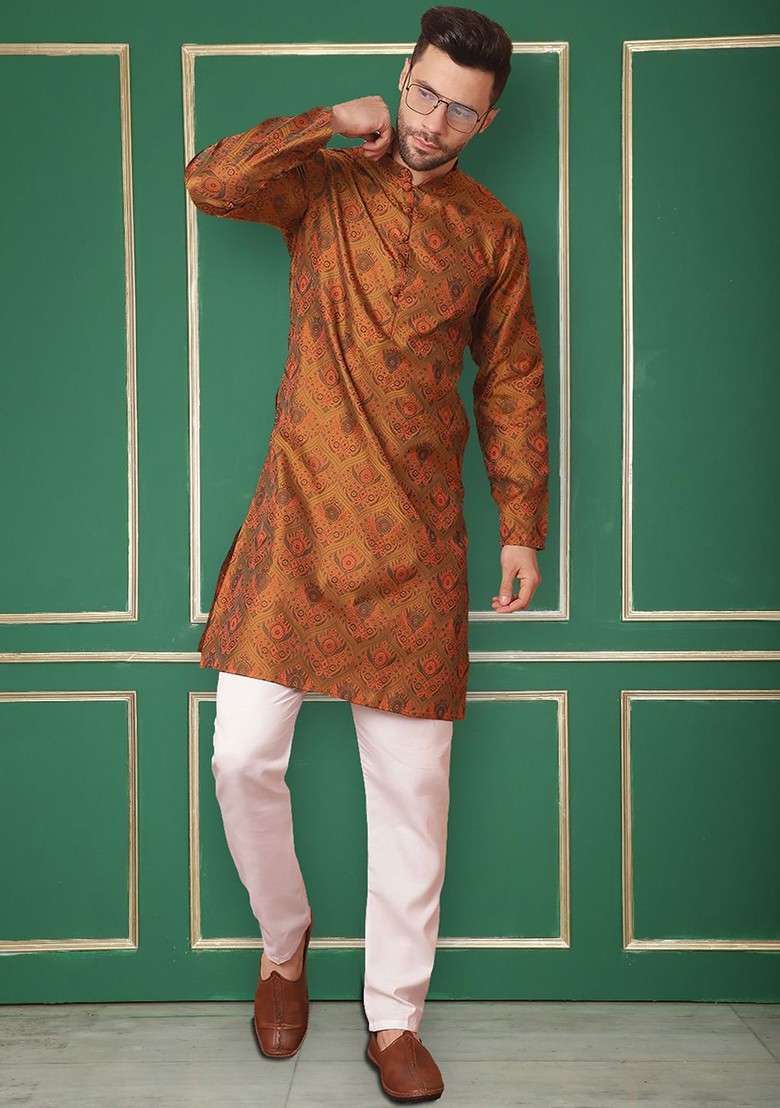 Mustard Yellow Woven Design Poly Blend Kurta Set For Men - Indya