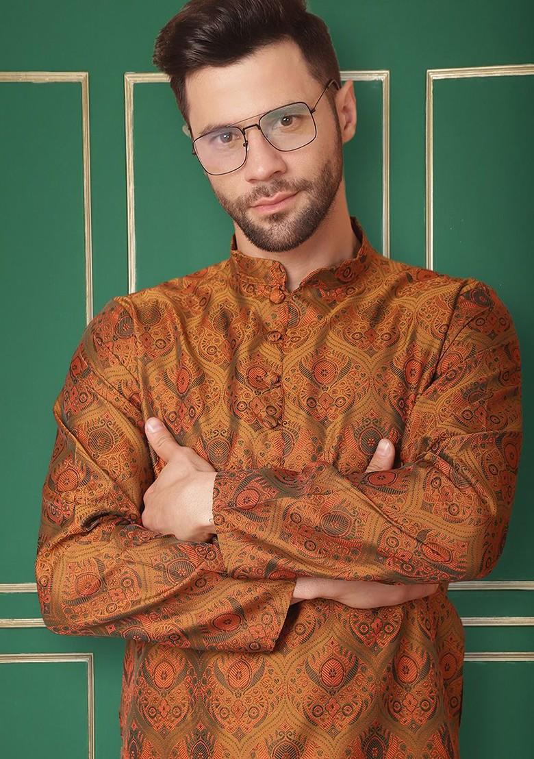 Mustard Yellow Woven Design Poly Blend Kurta Set For Men