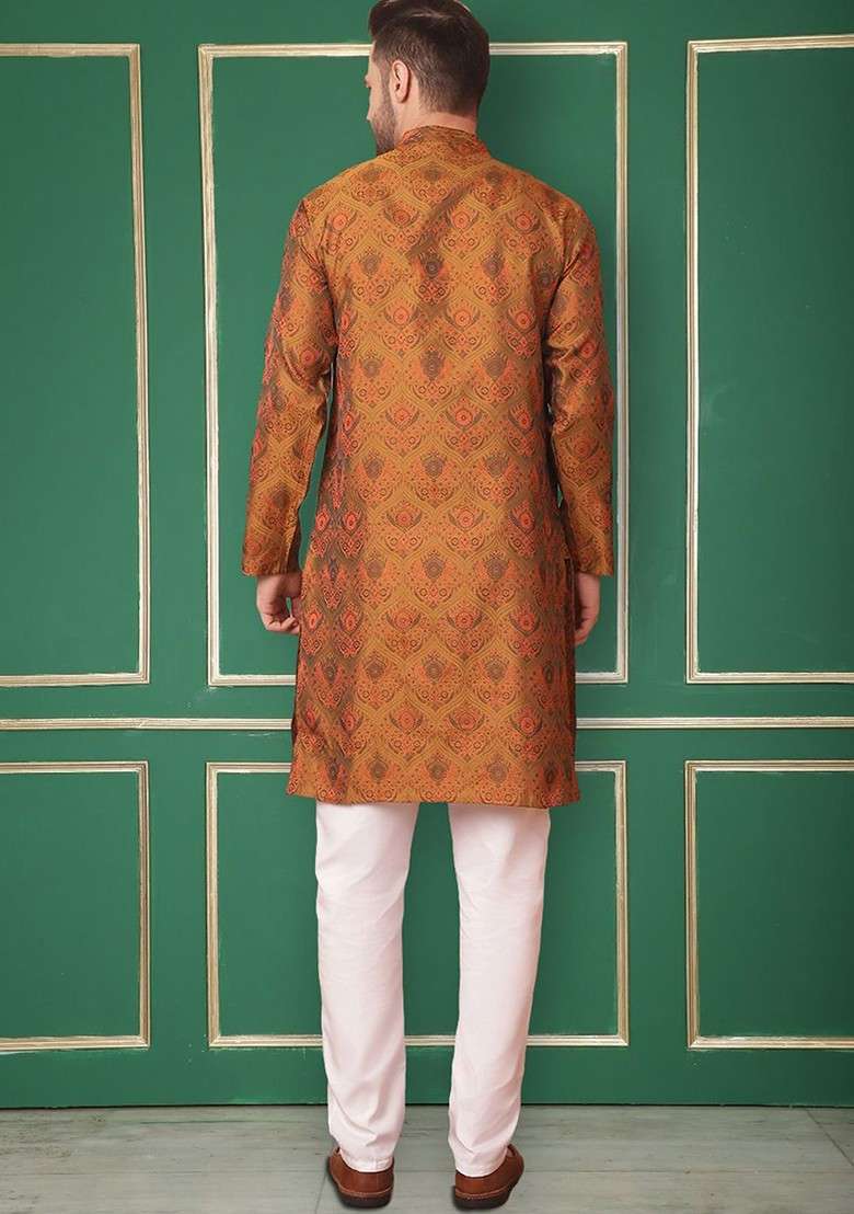 Mustard Yellow Woven Design Poly Blend Kurta Set For Men - Indya