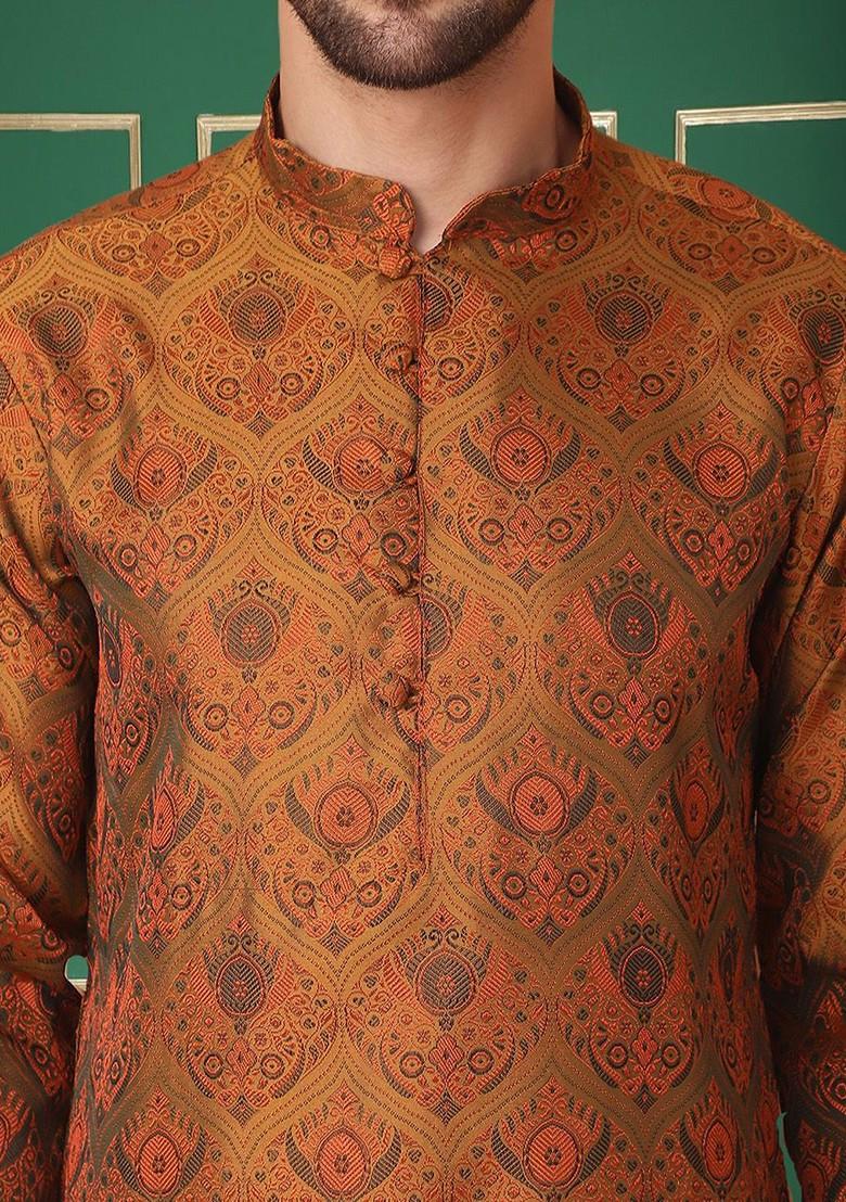 Mustard Yellow Woven Design Poly Blend Kurta Set For Men