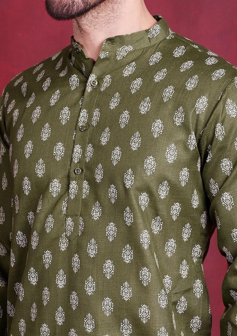Olive Printed Poly Blend Kurta Set For Men