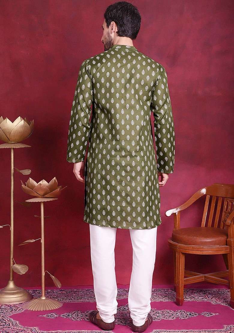 Olive Printed Poly Blend Kurta Set For Men - Indya