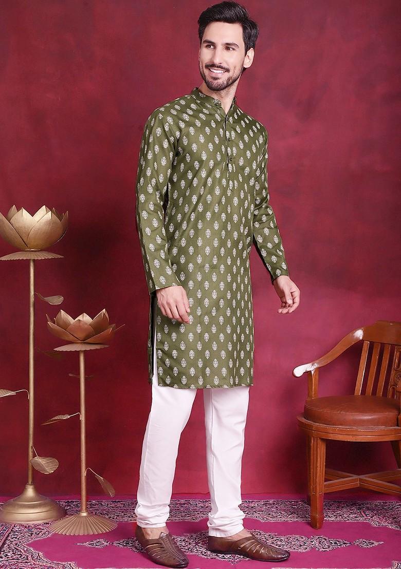 Olive Printed Poly Blend Kurta Set For Men