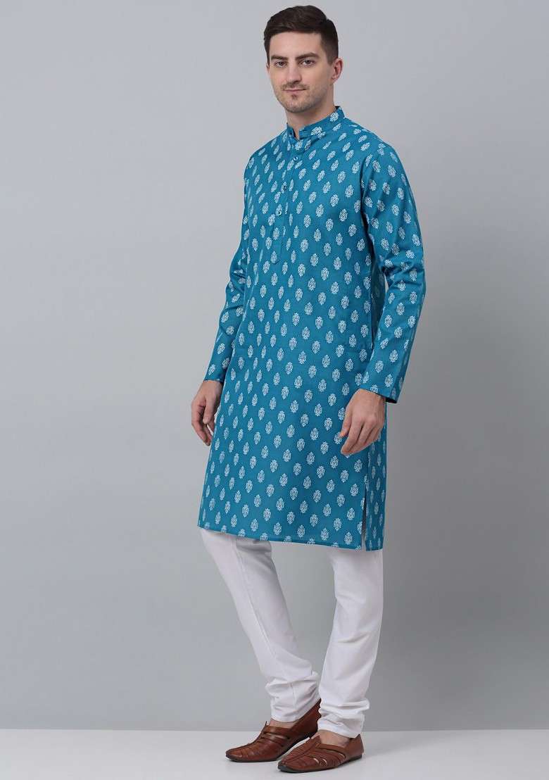 Teal Blue Printed Poly Blend Kurta Set For Men - Indya