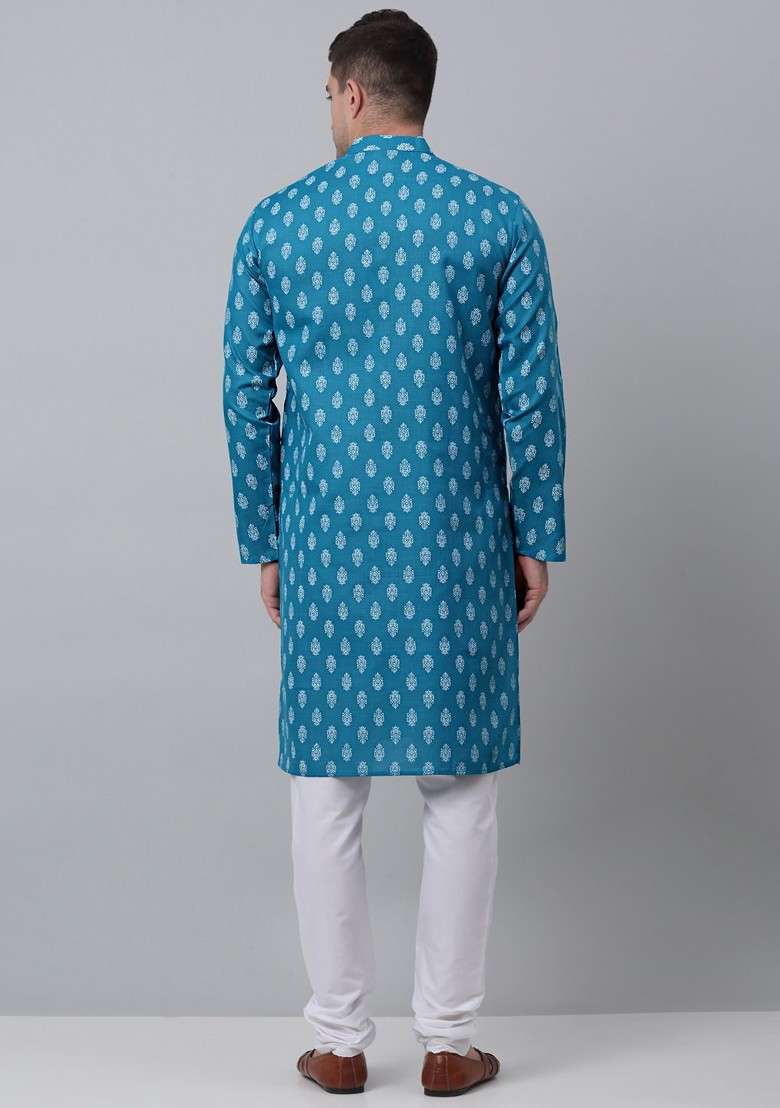 Teal Blue Printed Poly Blend Kurta Set For Men - Indya