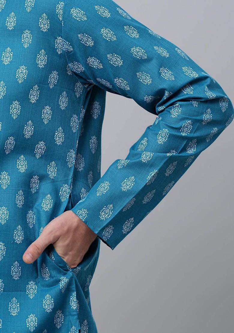 Teal Blue Printed Poly Blend Kurta Set For Men