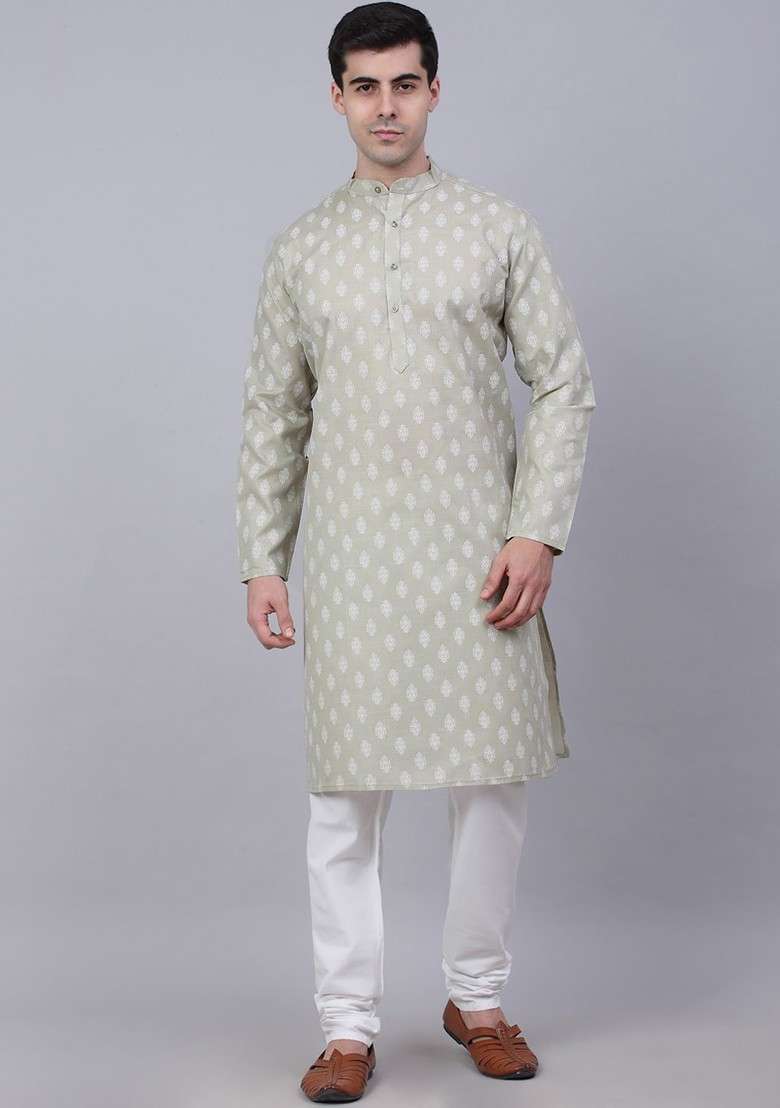 Grey Printed Poly Blend Kurta Set For Men - Indya