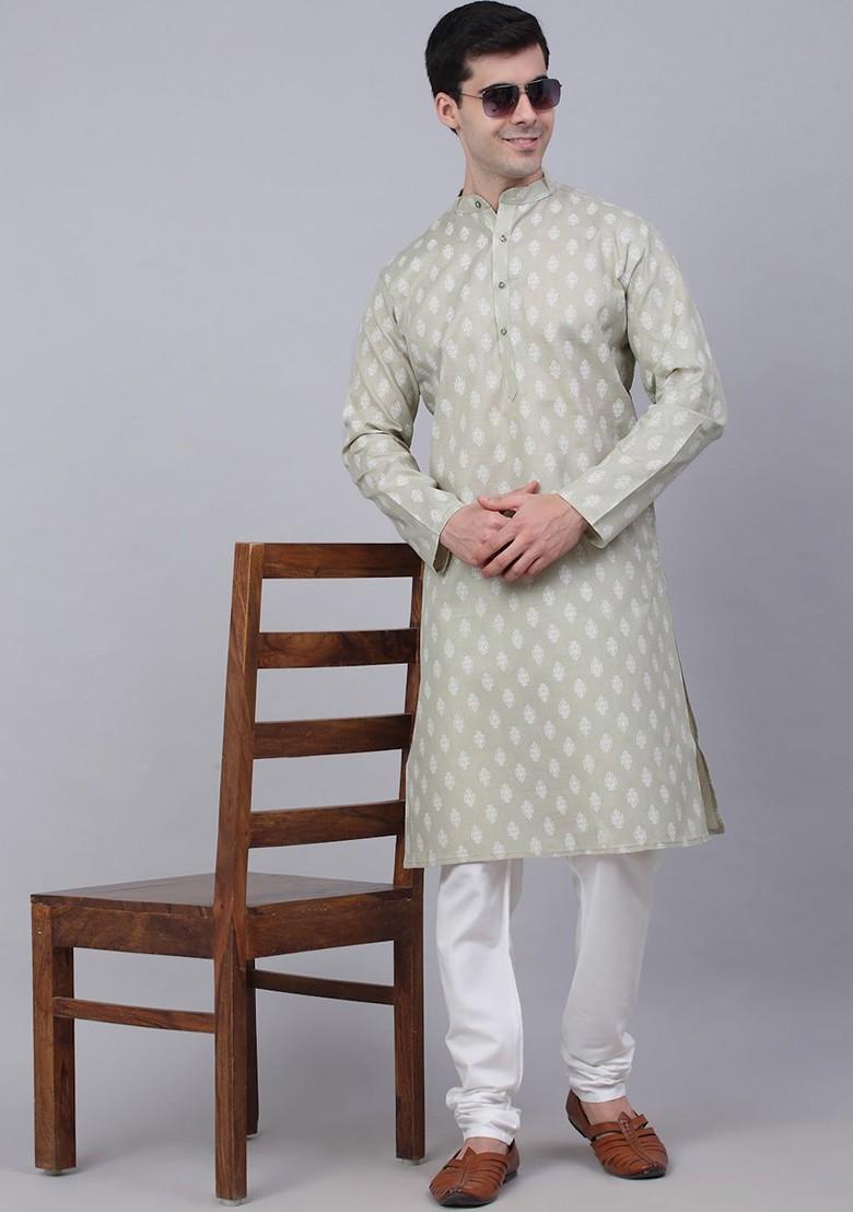 Grey Printed Poly Blend Kurta Set For Men