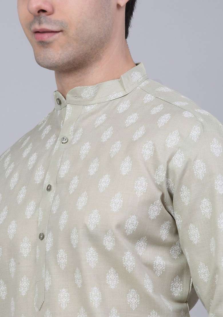 Grey Printed Poly Blend Kurta Set For Men - Indya