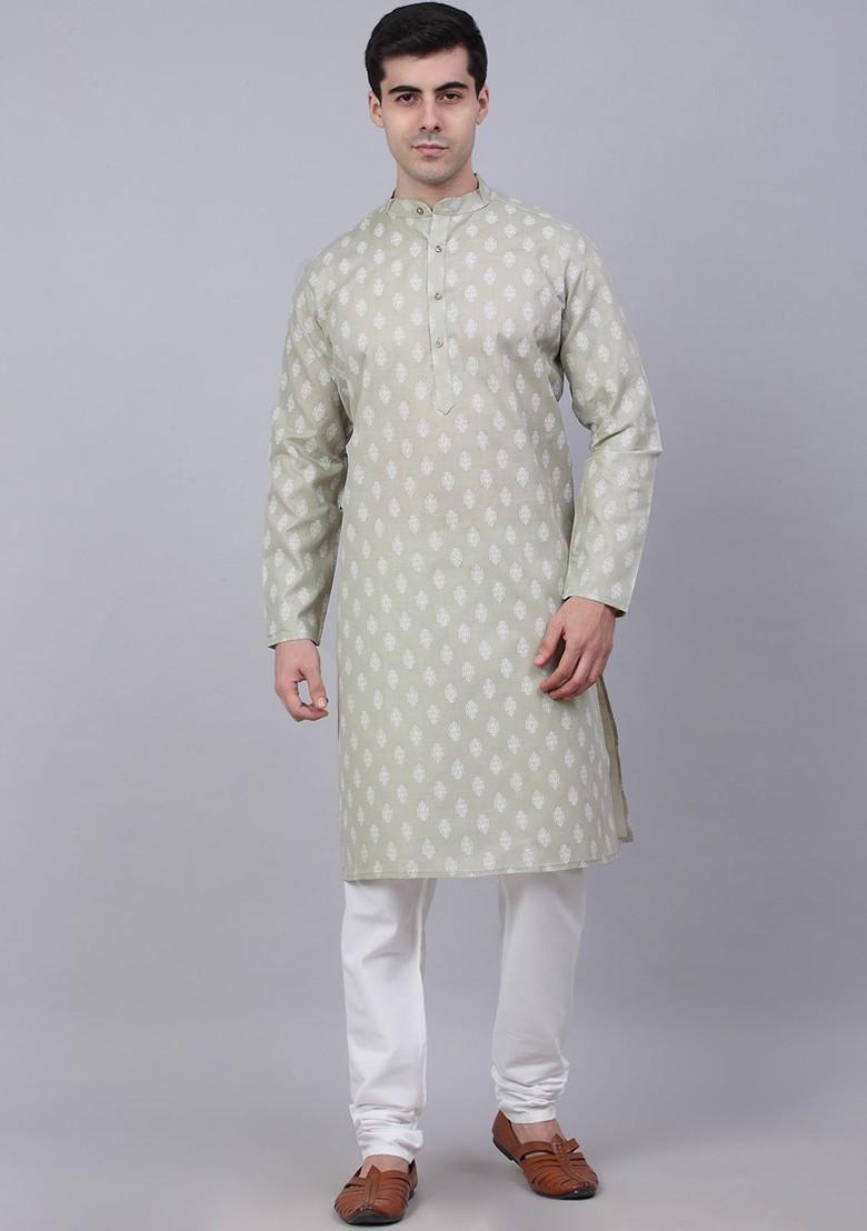 Grey Printed Poly Blend Kurta Set For Men