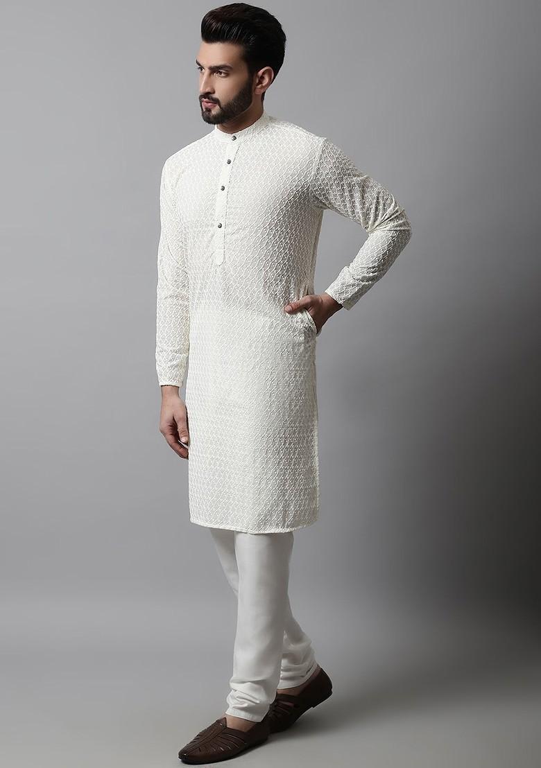 Off White Embroidered Poly Blend Kurta Set For Men
