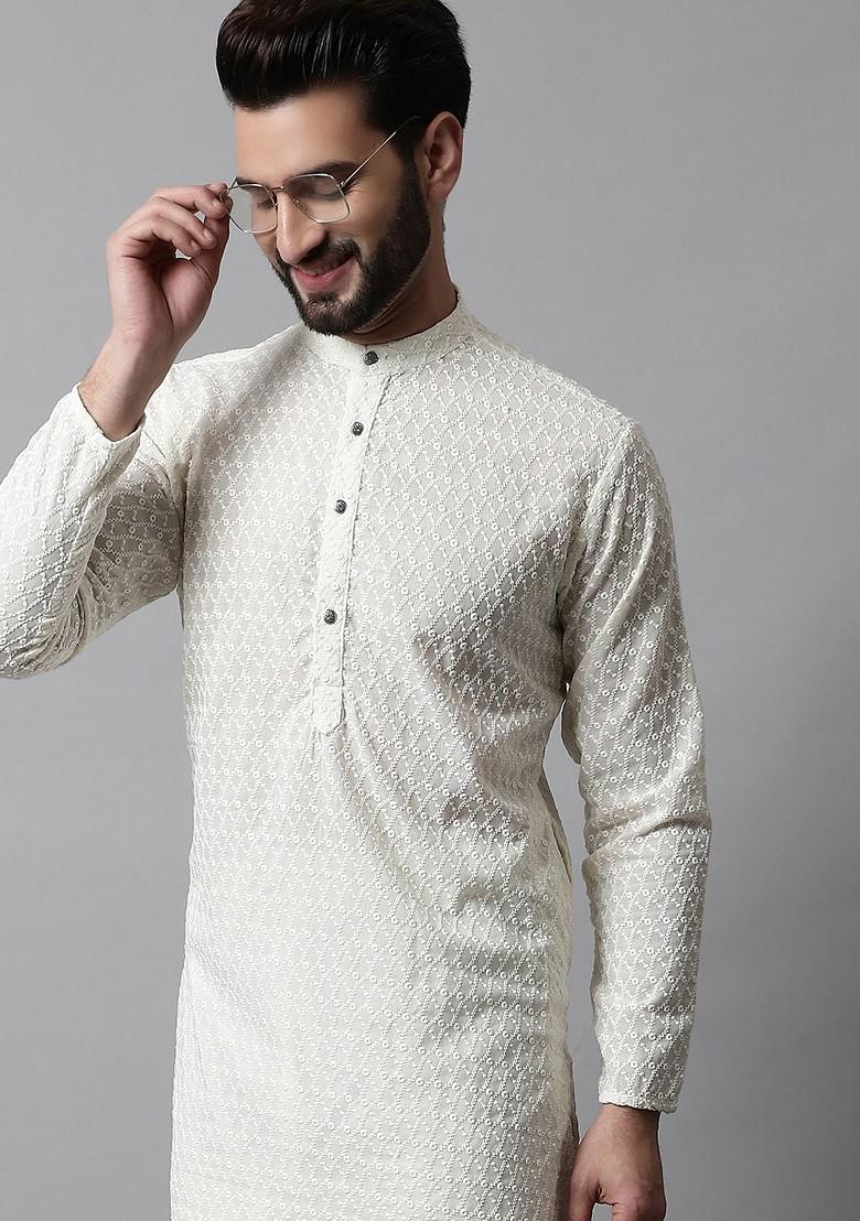 Off White Embroidered Poly Blend Kurta Set For Men