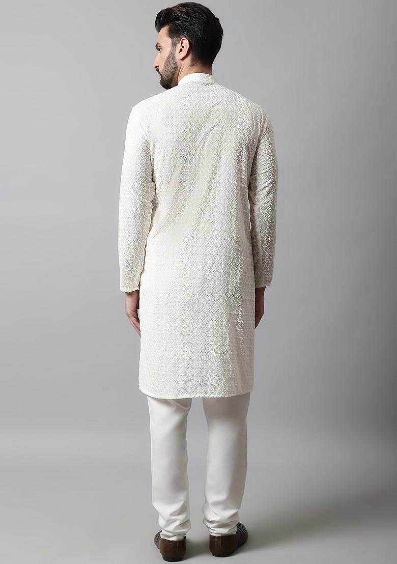 Off White Embroidered Poly Blend Kurta Set For Men