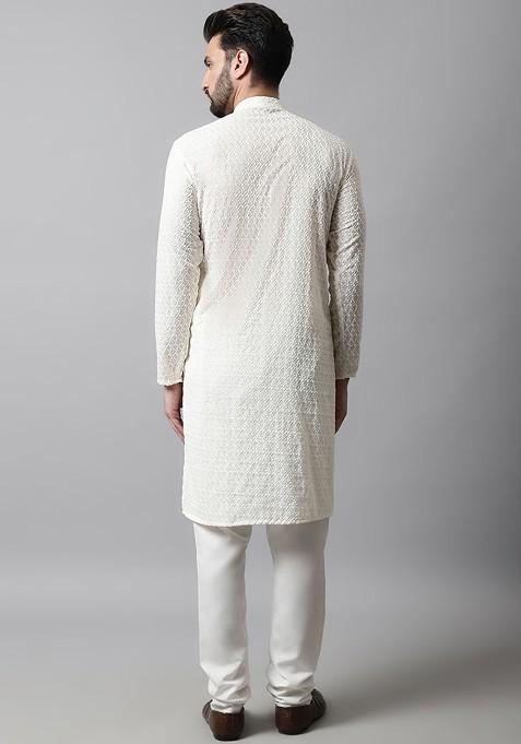 Off White Embroidered Poly Blend Kurta Set For Men