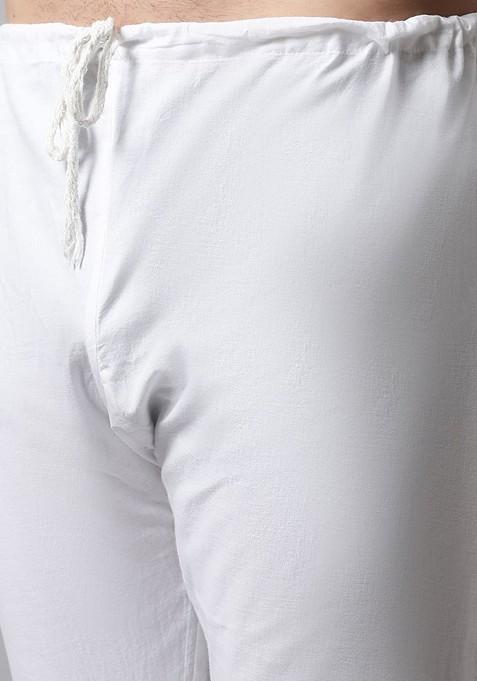 Off White Embroidered Poly Blend Kurta Set For Men