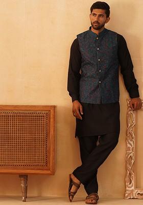 Teal Blue Embroidered Poly Blend Kurta Set For Men