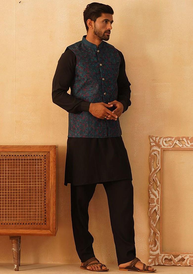 Teal Blue Embroidered Poly Blend Kurta Set For Men