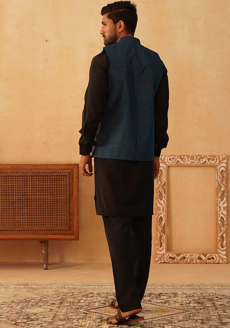 Teal Blue Embroidered Poly Blend Kurta Set For Men