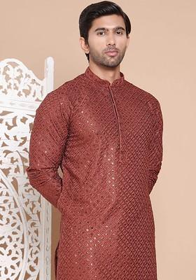 Brown Embroidered Poly Blend Kurta Set For Men