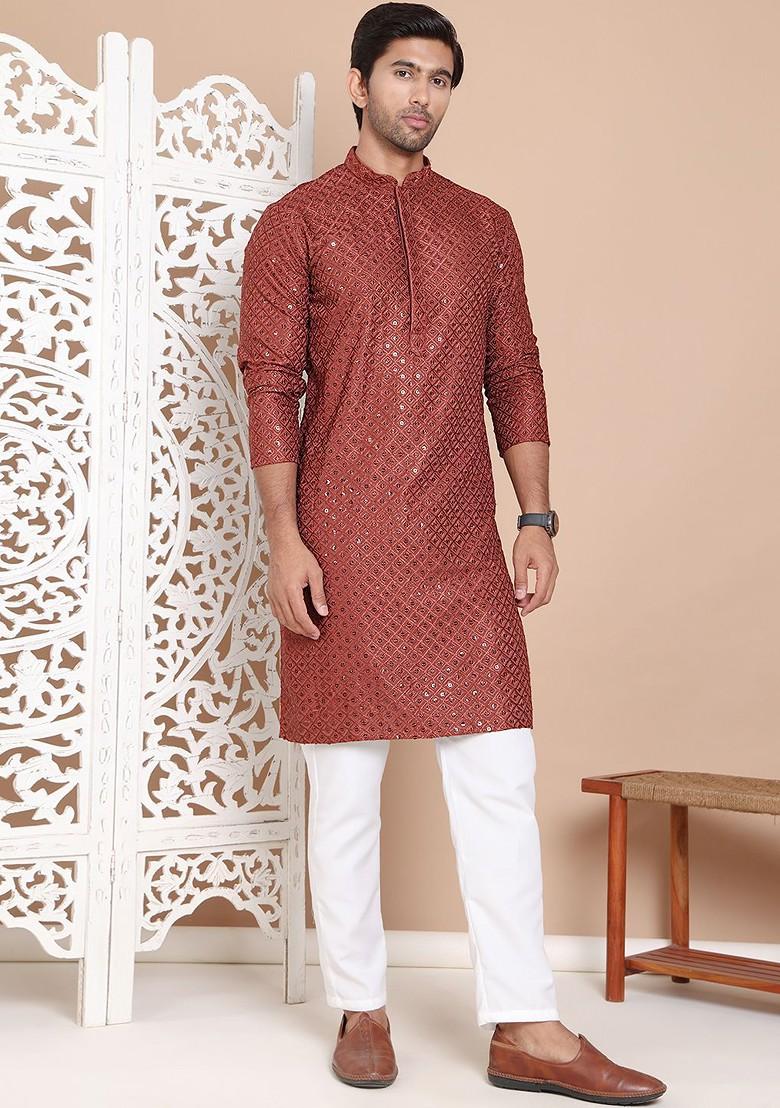 Brown Embroidered Poly Blend Kurta Set For Men