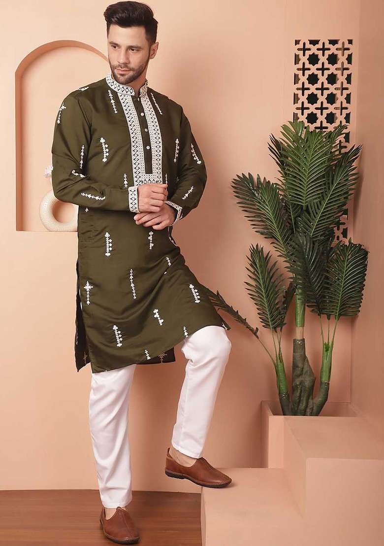 Olive Embroidered Poly Blend Kurta Set For Men - Indya